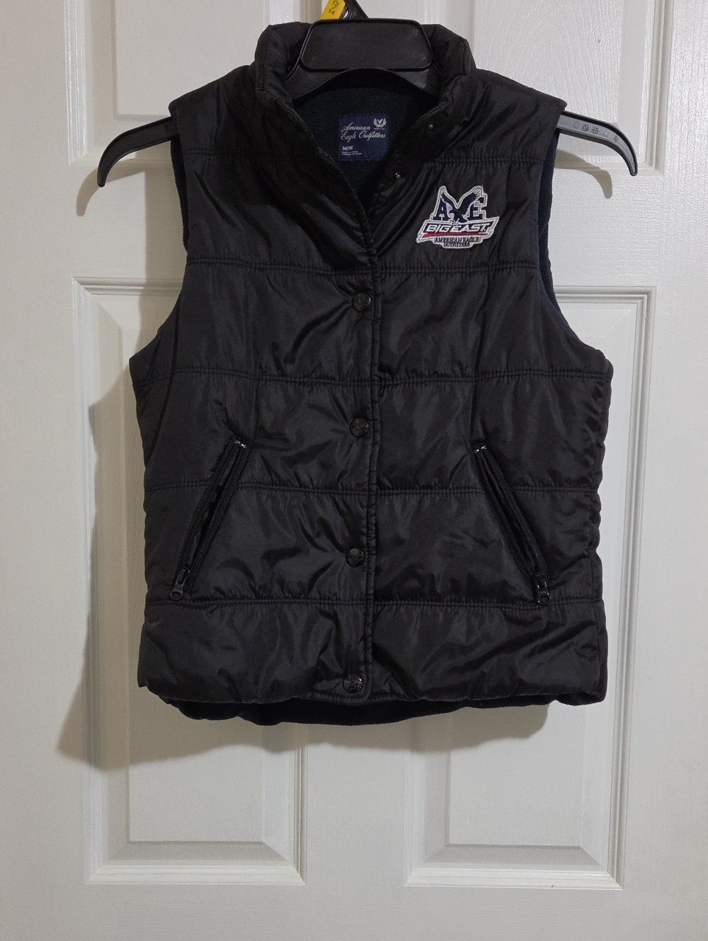 American Eagle Outfitters Black Quilted Puffer Vest with Embroidered Patch
